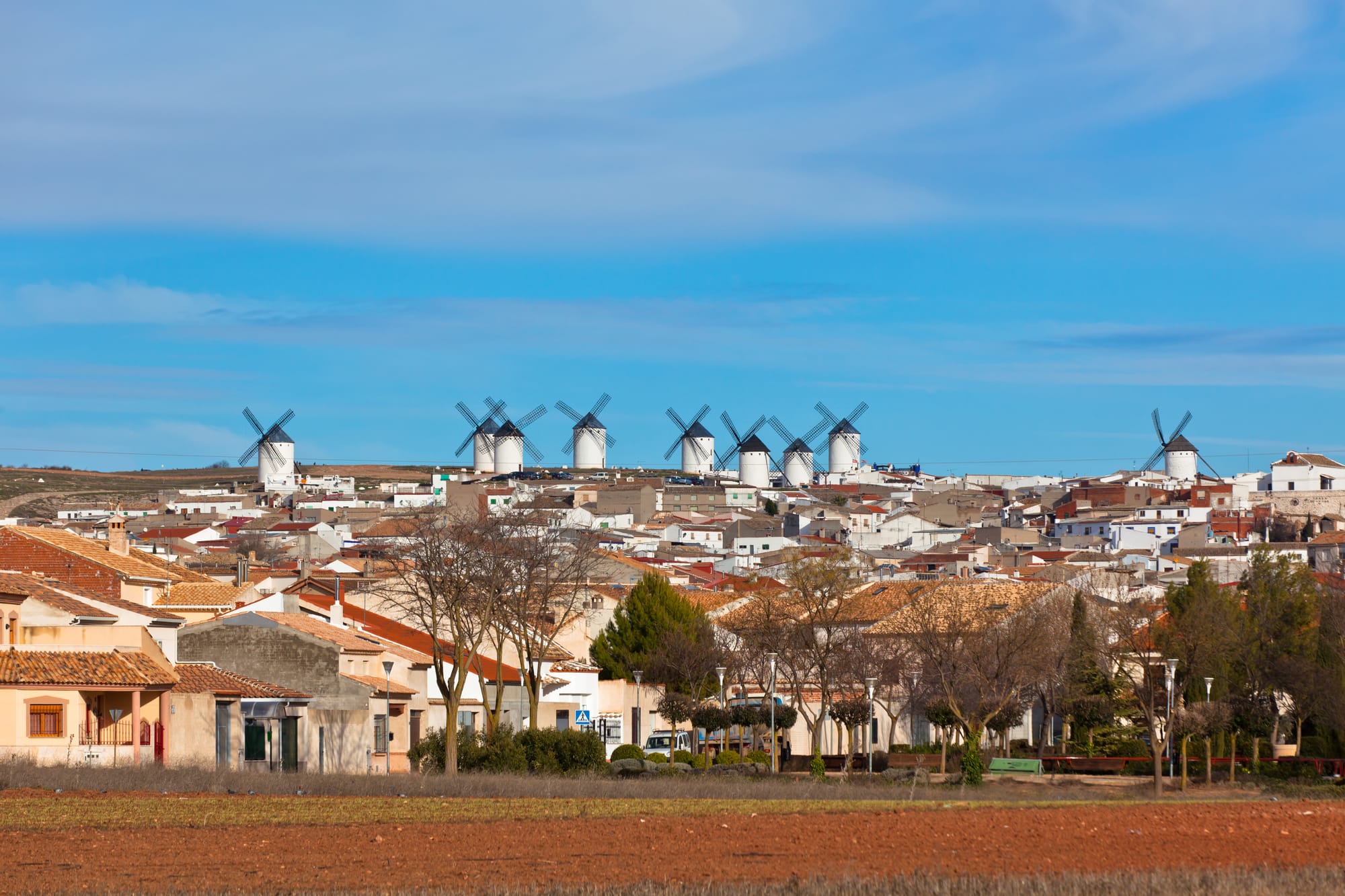 Vista panorámica de los tradicionales molinos de viento blancos alineados sobre una colina en Campo de Criptana bajo un cielo despejado.