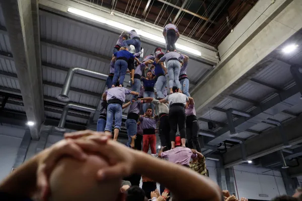 Fotografía en contrapicado desde la base de la pinya mirando hacia el techo del Palau Firal de Tarragona, donde decenas de castellers vestidos con ropa informal de ensayo y camisas lila.